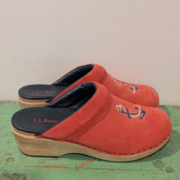 L.L. Bean Mules Womens Size 8M Red/Pink Anchor Nautical Suede Slip On Clog Shoes - Picture 6 of 11
